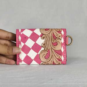 Tarjetero de Cuero Genuino Rosa y Blanco, Diseño Floral a Cuadros, Cartera Corta para Mujer, Estilo Moderno, Superventas - Product Image 4