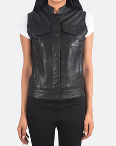 Chaleco de cuero PU negro de alta calidad para mujer, diseño personalizado, con cuello mandarín y bolsillos, sin mangas, 240 g - Product Image 4