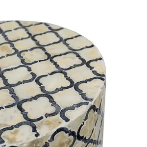Quatrefoil Lattice Pattern Cylinder <b>Stools</b> Mother of Pearl Handcrafted Mosaic Small Side Table For Living Room <b>Bedroom</b> Decor - Product Image 3