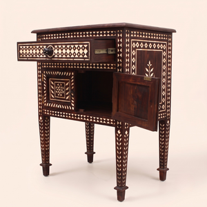 Table de chevet en bois massif avec incrustation d'os, design moderne minimaliste, finition naturelle, meubles de chambre à coucher, meubles de maison - Product Image 5