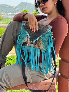 Bolso con flecos de cuero de piel de estilo occidental para mujer, bolso de cuero tallado con herramientas turquesa, bolsos de cuero de estilo bohemio - Product Image 3