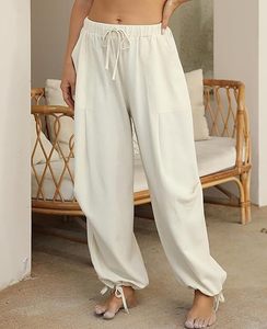 Pantalon Harem blanc coupe ample, taille élastique, cordon de serrage, jambe longue, poche latérale, tenue décontractée - Product Image 2