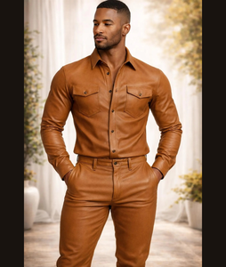 Ensemble chemise et pantalon en cuir d'agneau marron clair fait main pour homme : tenue de motard, streetwear, jogging, course à pied - Product Image 2