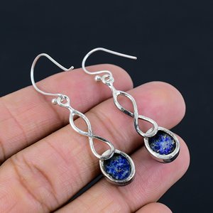 <b>Best</b> Quality Natural Blue Lapis Lazuli Oval Drop Earrings Silver Trendy Boho Statement Handmade Lightweight Women's Gift - Product Image 3