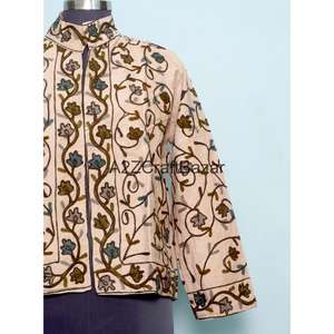 Veste en cotisse à col mandarin brodée de fleurs, doublure en coton faite à la main, écologique, respirante, séchage rapide, été automne, vintage - Product Image 2