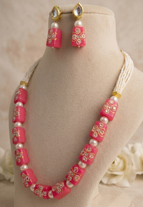 Traditional Indian Kundan Meenakari <b>Pink</b> Bead Necklace <b>Set</b> with Pearl Highlights for Weddings - Product Image 2