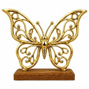 Objet décoratif papillon plaqué or sur base en bois, décoration traditionnelle pour la maison, ornement de table pour hôtel et restaurant - Product Image 1