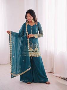 <b>Teal</b> Embroidery Fendy Silk Floor-Length Sequence Work Indian Pakistani Sharara Suit <b>Top</b> Flare Sharara Palazzo Dupatta - Product Image 1