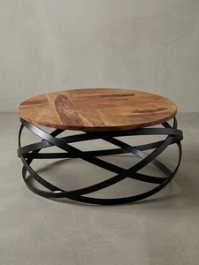 Mesa de Centro Moderna Redonda con Tapa de Madera y Estructura Metálica, Mueble Decorativo para Sala de Estar - Product Image 1