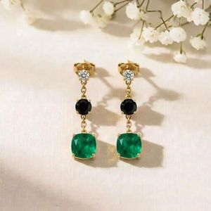 Luxury Emerald Cushion Cut & <b>Black</b> Obsidian Round Drop Earrings With CZ Elegant Gemstone Stud Dangle Earrings Minimalist Earring - Product Image 4
