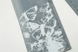 Vaqueros anchos de pierna recta con estampado abstracto blanco, lavado a la piedra, corte ajustado, estilo streetwear, de algodón con estampado por descarga. - Product Image 6