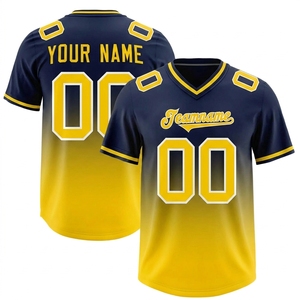 Camiseta de Fútbol Americano Personalizada para Hombre, Cuello en V, Manga Corta, Degradado Azul Marino y Amarillo, Sublimada, Absorbe la Humedad, Nombre del Equipo 00 - Product Image 1