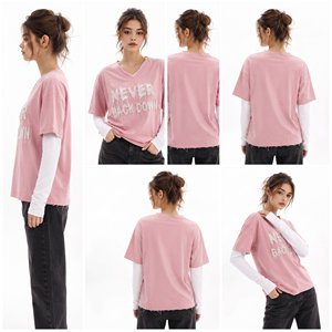 T-shirts à col en V double couche pour femmes, T-shirts en coton brodés effet vieilli à manches longues et double manches, coupe oversize - Product Image 5