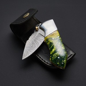 Damascus Pocket Knife Folding Knife with Resin Handle & <b>Leather</b> Sheath Custom Folding Knife Damascus Blade EDC Knife for Gift - Product Image 1