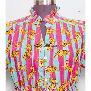 Vestido Mini de Algodón 100% Puro para Mujer, Estampado Floral Indio Hecho a Mano, Lavable, Ecológico, Cuello en V, Manga Corta, Corte en A, para Fiestas - Product Image 4