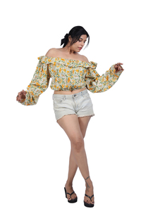Women's Polyester Printed Floral Off Shoulder Crop <b>Top</b> Manufacturer - Product Image 3