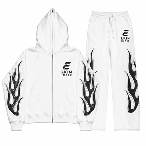 Custom White Flame Zip Up Hoodie Tracksuit Men Fleece Streetwear Jogger <b>Set</b> - Product Image 1