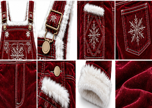 <b>Christmas</b> Velvet Overalls for Adults Burgundy Snowflake Embroidered Bib <b>Pants</b> with Faux Fur Trim Winter Holiday Outfit - Product Image 5