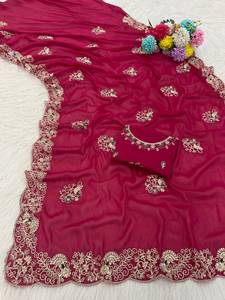 Embroidery Sequence Work Designer Party Wear Contrast Blouse <b>Women</b> Style Star Georgette <b>Saree</b> With Multi Thread Coding - Product Image 1