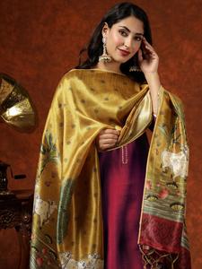 Ensemble Kurti et pantalon en coton pour femme avec dupatta en soie, motif vache et arbre, bordure dorée et rouge, tenue traditionnelle indienne toutes saisons pour Diwali - Product Image 3