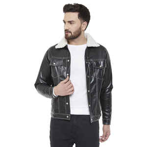 Blouson Bomber Homme en Cuir Véritable Doublé Sherpa Zippé Hiver Style Moto Biker Épais Coupe-Vent - Product Image 4