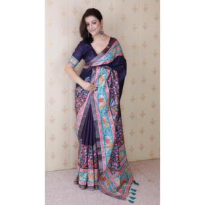 Sari de Seda Tussar Azul Marino con Borde Tejido con Zari y Estampado Floral, Vestido de Noche Elegante, Tejidos de Élite, 500g - Product Image 6