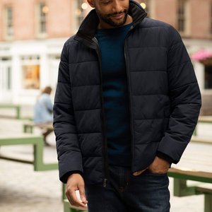 Men Black Stand Collar Puffer Jacket Lightweight Quilted <b>Bubble</b> <b>Coat</b> Winter Outerwear Sleek Minimalist Style - Product Image 3