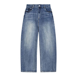 Jean vintage en denim bleu coupe droite ample, effet patiné, fait main, pour homme et femme, collection automne - Product Image 1