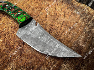 มีดเหล็กดามัสกัสแบบเต็มด้าม คุณภาพสูง ปลายใบมีดแบบคลิปพอยต์ มีรูสำหรับนิ้ว ทำด้วยมือ สำหรับล่าสัตว์ ตั้งแคมป์ พกพาอเนกประสงค์ OEM/ODM DIY-Pakka - Product Image 5