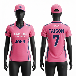 เสื้อคริกเก็ตชาย 160GSM ผ้าโพลีเอสเตอร์ตาข่ายระบายอากาศ สีชมพูกรมท่า แผ่นสีกรมท่า  แบบสั่งทำพิเศษ  ป้องกันแบคทีเรียด้วยเทคโนโลยีฮีททรานเฟอร์ ป้องกันรังสียูวี แขนสั้น - Product Image 1