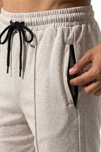 Shorts pour hommes en mélange coton-polyester beige, taille à cordon de serrage, couleur unie, tissu tricoté respirant, poches, taille mi-haute - Product Image 5
