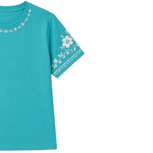 เสื้อยืดคอกลมผ้าฝ้ายปักลายดอกไม้สีขาวสำหรับผู้หญิง สีเทอร์ควอยซ์ แขนสั้น สไตล์ลำลอง รับผลิตตามสั่ง (OEM) คุณภาพพรีเมียม แฟชั่นฤดูร้อน - Product Image 4