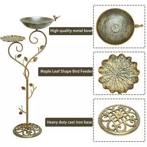 Bebedero para Pájaros de Dos Niveles con Forma de Hoja de Loto, Comedero de Metal Dorado Vintage para Jardín con Escultura de Rama de Árbol y Base Ornamentada - Product Image 3