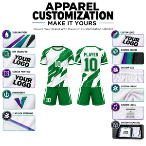 Tenue de football personnalisée verte et blanche à imprimé géométrique, sublimée, anti-humidité, manches courtes, coupe athlétique unisexe adulte - Product Image 3