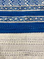 Couverture Kantha en coton bleu avec motif zig-zag marin, imprimée à la main, écologique, pour la décoration de la maison, utilisable toute l'année