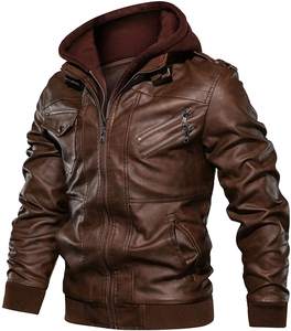 Blouson moto décontracté marron pour homme en similicuir brodé, col montant, fermeture éclair, style urbain, hiver - Product Image 3