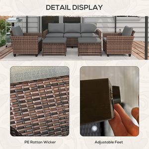 Juego de Muebles de Patio de 5 Piezas en Color Marrón Mixto con Sofá de Tres Plazas, Sillones, Reposapiés y Cojines de Ratán PE - Product Image 6