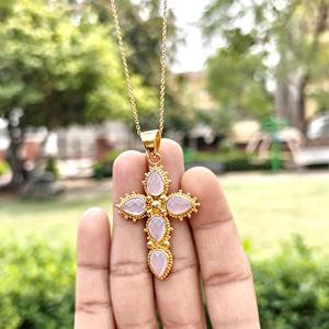 Designer gold plated cross <b>necklace</b> checker cut pink chalcedony pear shape gemstone <b>crucifix</b> cross pendant <b>necklace</b> for <b>women</b> - Product Image 5