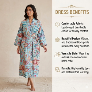ชุดกิโมโนผ้าฝ้ายลายดอกสีครามพรีเมียมสำหรับผู้หญิง |   ชุดคลุมอาบน้ำพิมพ์ลายด้วยมือพร้อมกระเป๋า |   ชุดนอนแขนยาวคอวี - Product Image 4