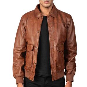 Blouson aviateur en cuir de chameau pour homme, en cuir de mouton véritable, avec fermeture éclair et rabat boutonné, chemise élégante - Product Image 1