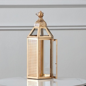 Luxury <b>Gold</b> Metal Moroccan <b>Lantern</b> with Glass Panels Decorative Candle Holder for Ramadan Wedding Home Table Decor - Product Image 2