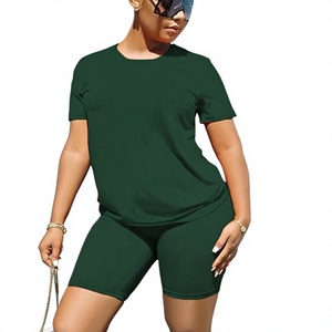 Women 2 Piece Shorts Set Solid Green T-Shirt Biker Shorts Casual Summer Outfit O-Neck Short Sleeve Breathable - Product Image 1