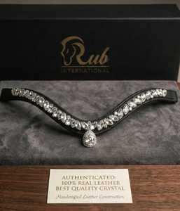 Diadema de cuero 100% auténtico hecha a mano con cristales para cabezada de caballo - Accesorio de lujo para brida ecuestre con diamantes de imitación en forma de V - Product Image 1
