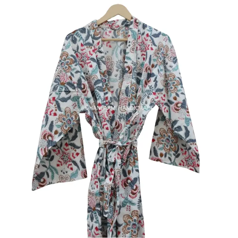 Hint çiçek baskı beyaz Boho Chic uzun Robe kadın Nighty pijama Maxi sabahlık Kimono baskılı bornoz