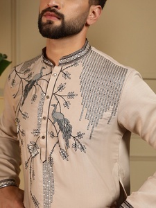 <b>Men</b> Beige Embroidered <b>Kurta</b> Pajama Set Regular Fit Traditional Wear Indian Pakistani Knee-Length Casual Wear - Product Image 6
