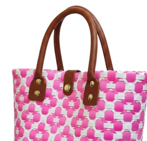 <b>Sweet</b> Pink Floral Woven Plastic Handbag And Handmade <b>Bag</b> With Premium Leather Handles For Women Summer Tote - Product Image 4