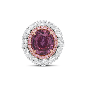 Bague en or massif 14k/18k avec halo de diamants ronds blancs de 3,19 carats, saphir rose de 6,11 carats non chauffé et saphir rose Argyle de 0,56 carat - Product Image 1