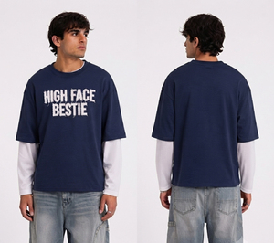 Double <b>Layered</b> Boxy T Shirt Men Double Long Sleeve T-Shirts O Neck Cotton Jersey Tee <b>Top</b> Long Sleeve Embroidered Sportswear Tee - Product Image 1