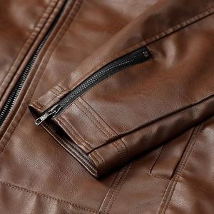Blouson à capuche en cuir marron pour homme, style classique, multi-poches, élégant, streetwear, vêtement d'extérieur, choix de marque personnalisée, collection 2026 - Product Image 5
