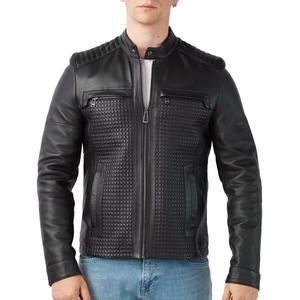 Custom Men's Genuine <b>Leather</b> Streetwear Motorcycle <b>Jacket</b> with Stand Collar Canvas Fabric Front Logo-<b>Winter</b> - Product Image 4